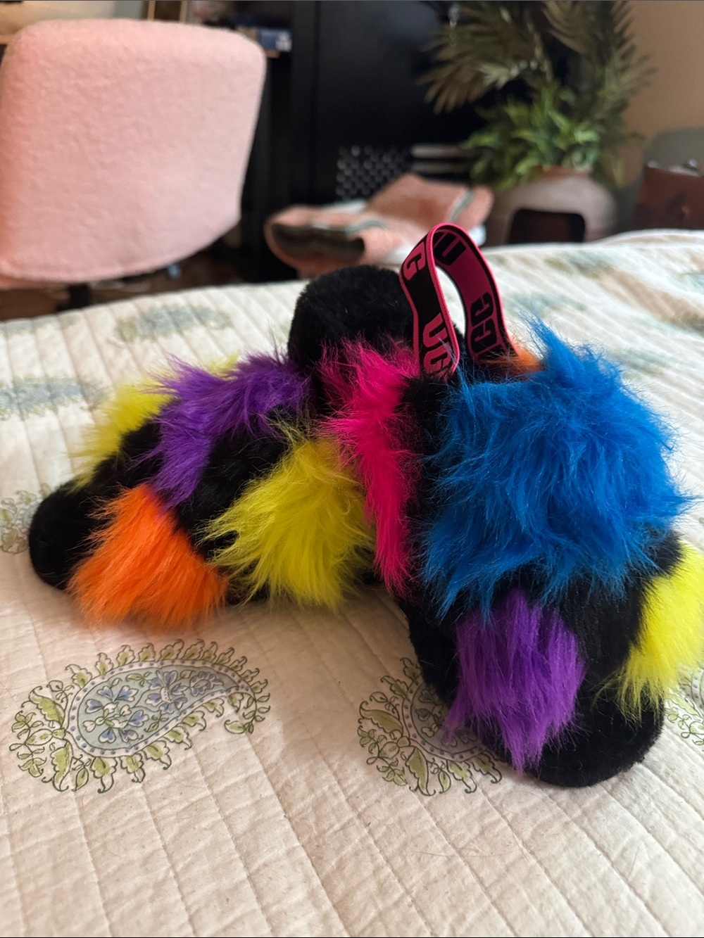 UGG Black Slide Slippers with Blue, Purple, Pink, Yellow, Orange Fur